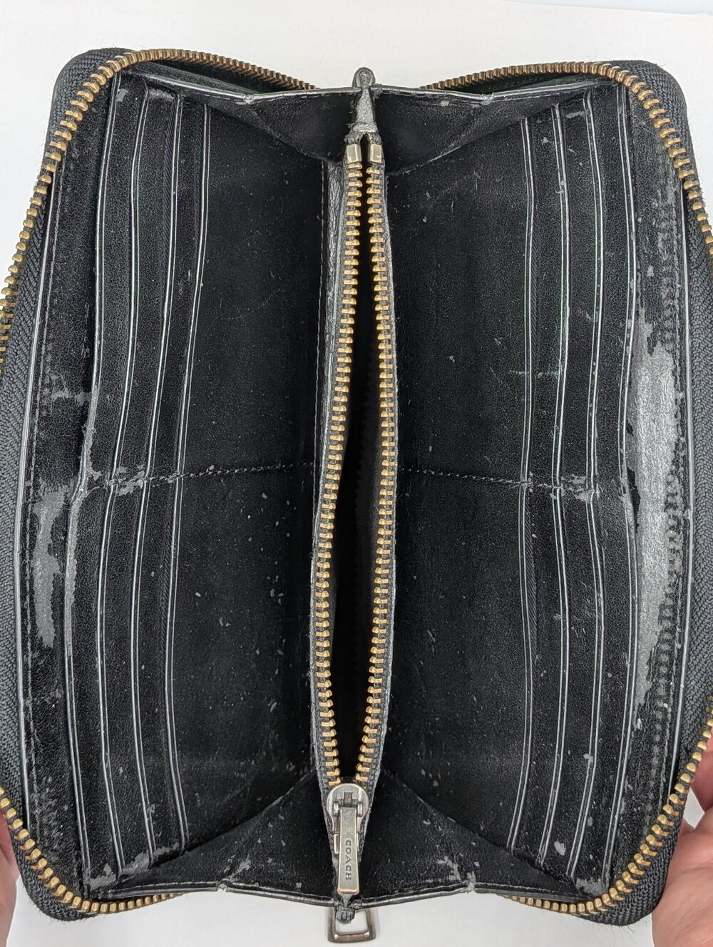Coach Accordion Wallet Black Brown Pebble Leather Whipstitch Zip Around F58105 - Picture 9 of 16